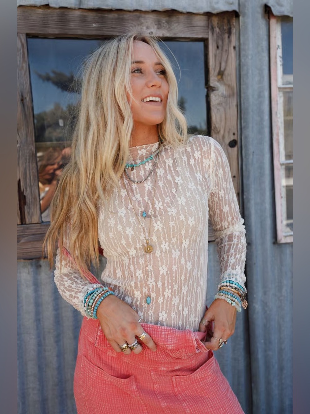 easel Sheer Floral Lace Long-Sleeve Top - Cream